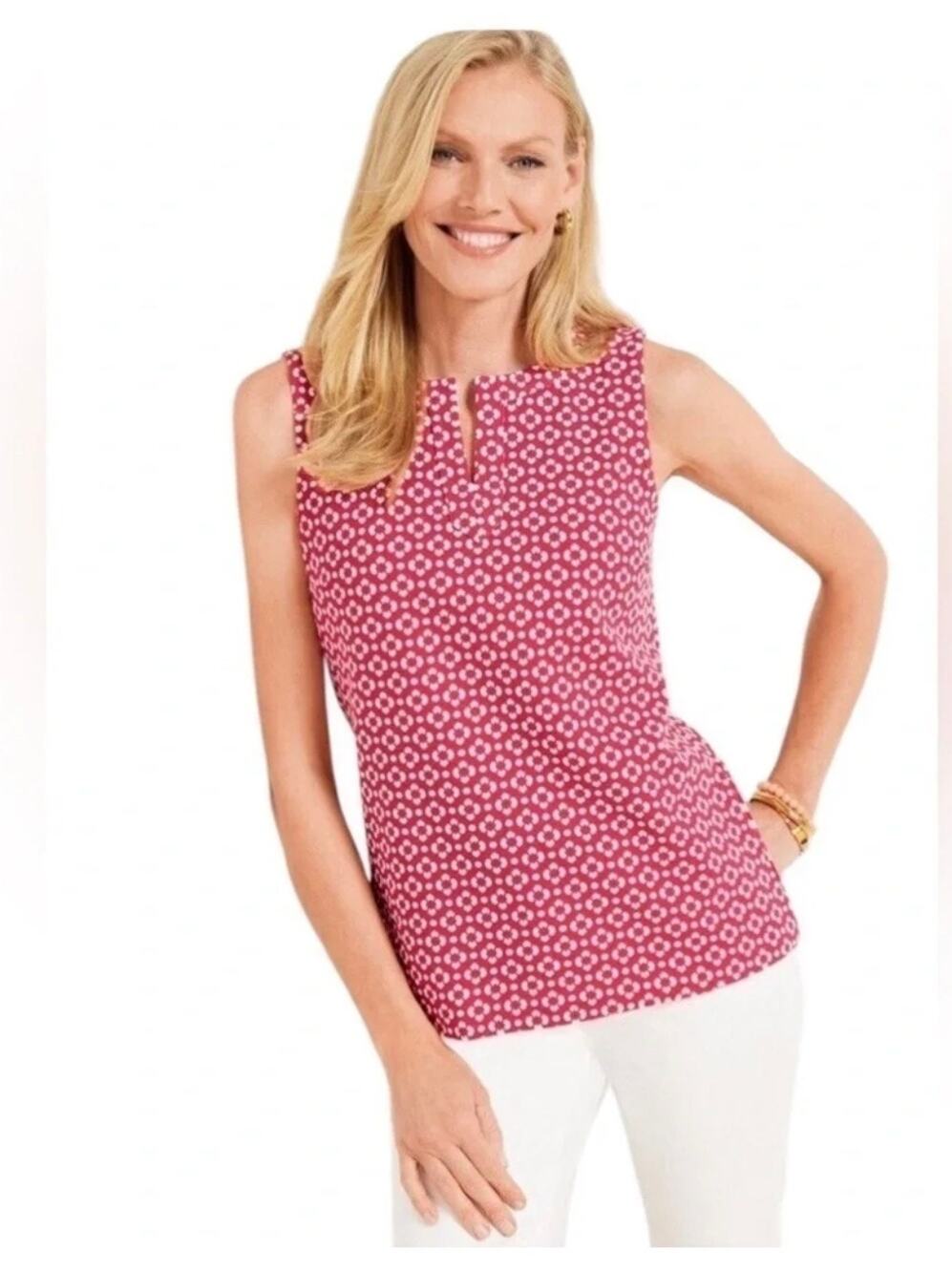 Talbots Womens L Pink White Geometric Ottoman Sleeveless Blouse NEW